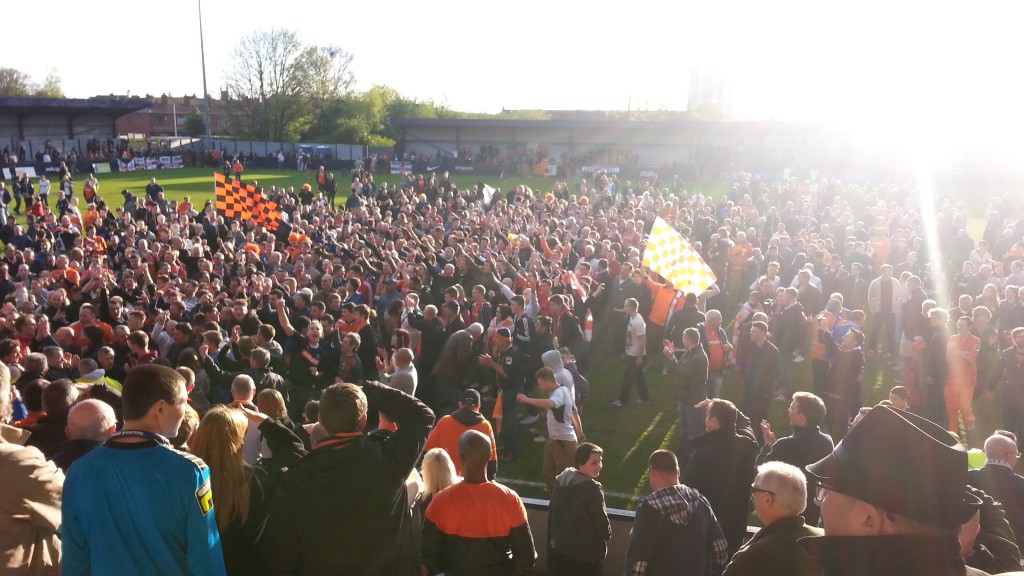 Luton Town celebrate promotion back to the football league at Hyde