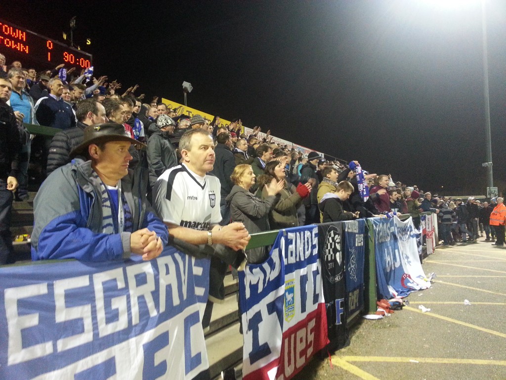 Ipswich fans on the away terrace at Huish Park