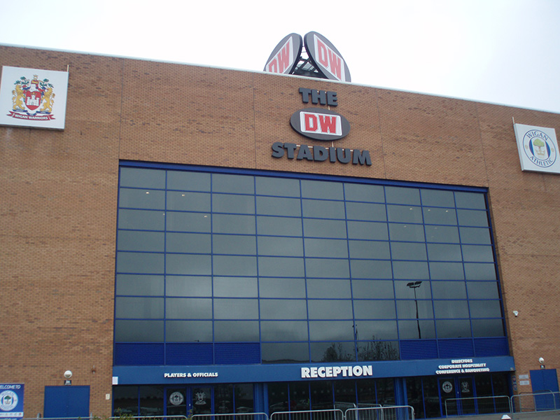 Main entrance of the DW Stadium the home of WIgan Athletic