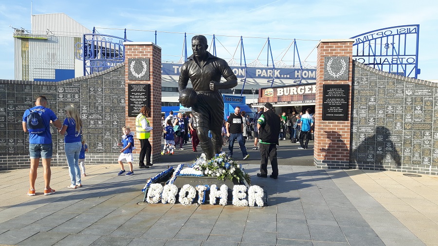 Dixie Dean statue near the Park End on Walton Lane at goodison park, Everton's ground