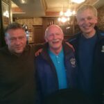 ndrew (right), his mate Harvey (left) with Derek Spence, former Southend United and Northern Ireland international, who did the foreword for the book, in the middle, when Andrew meet up in a pub before Andrew's 92nd game at Blackpool in April 2016.