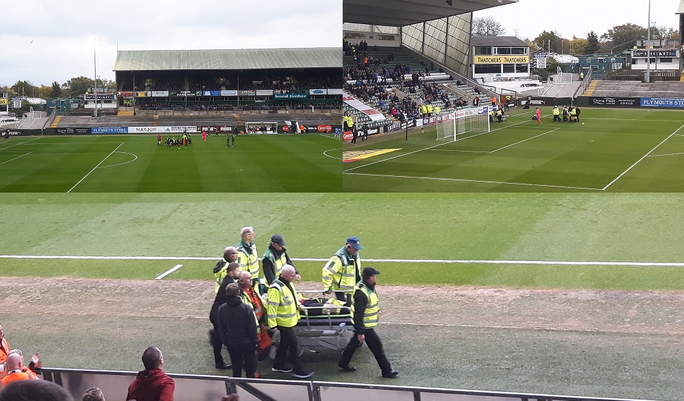 referee Kevin Johnson goes off injured at Home Park in the League 2 game between Plymouth Argyle and Colchester United