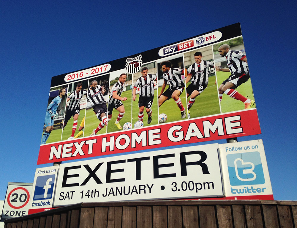 Sign at Blundell Park, next home game Grimsby Town v Exeter City