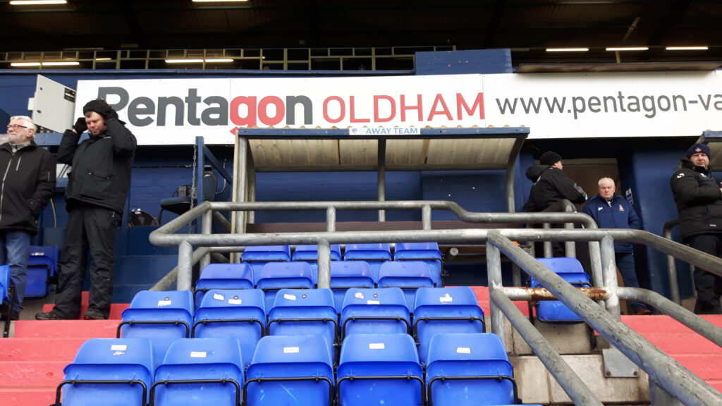 The away dugout in the Main Stand at Boundary Park