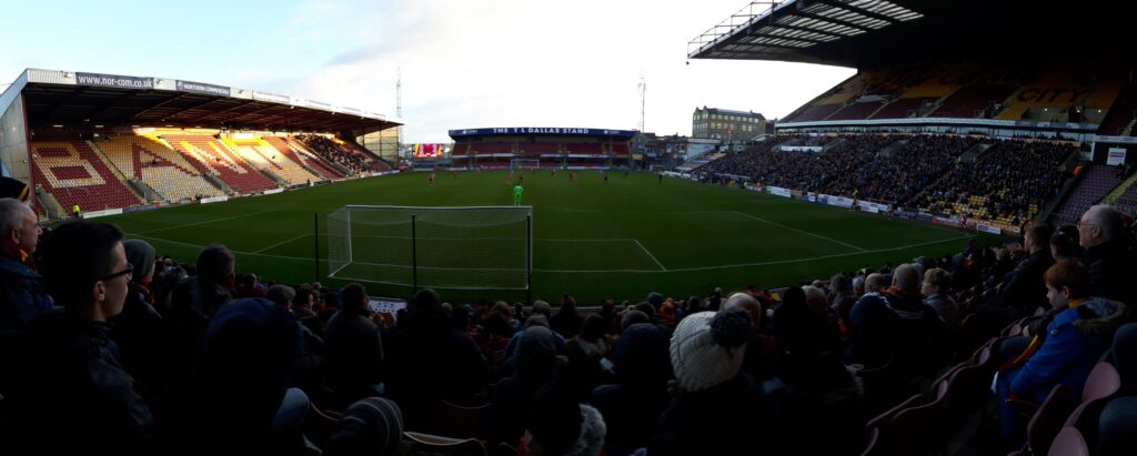 A panorama from the Kop end, with the Midland Road Stand, the Bradford End, Main Stand and a smidgen of the North West Corner.