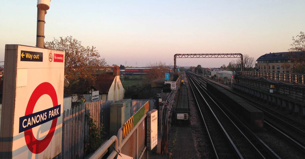 The Hive (left of centre) and the Wembley arch (centre) just about visible from Canons Park platform.