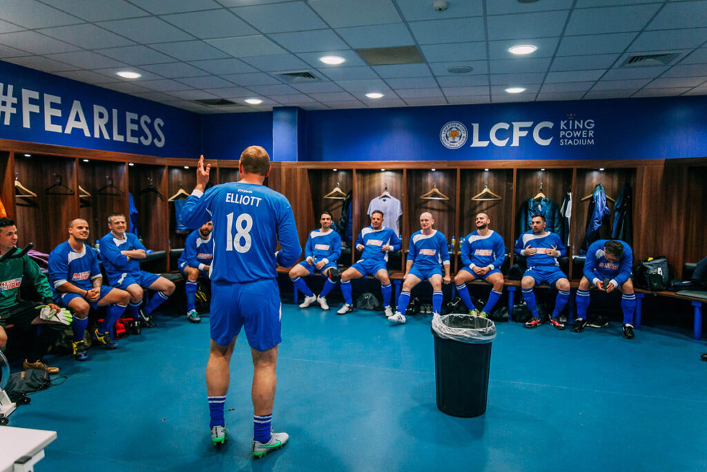 Matt Elliott talks tactics in the dressing room at the King Power Stadium