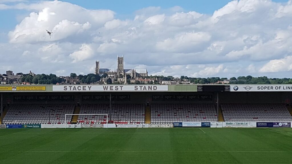 Lincoln cathedral visible over the back of the Stacey West Stand Sincil Bank