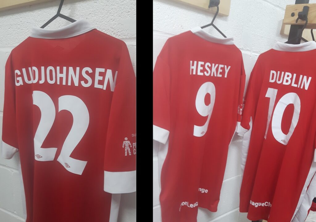 Eidur Gudjonsen, Emile Hesley and Dion Dublin shirts at the non league challenge