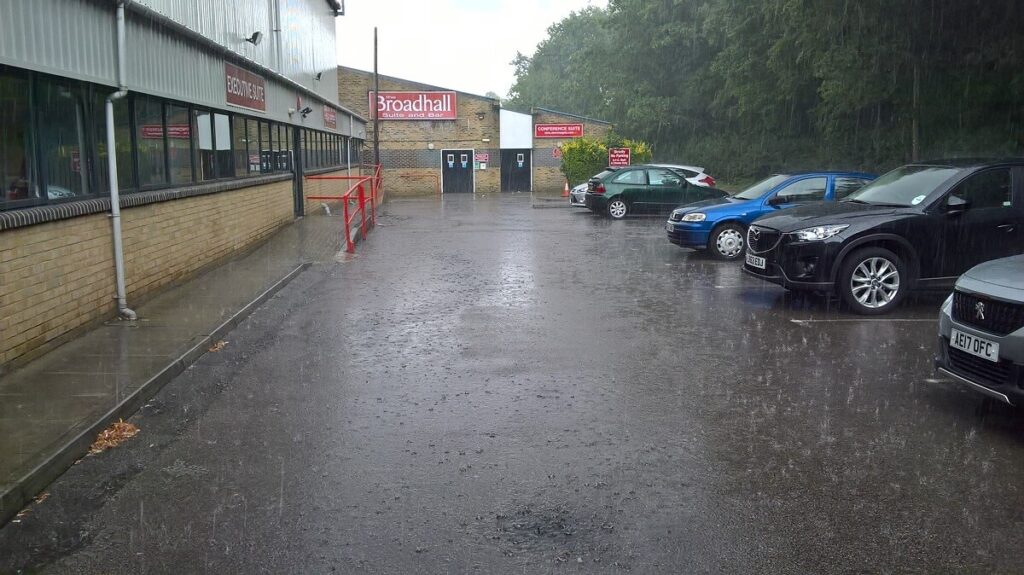 Rain pours outside the Lamex Stadium Stevanage